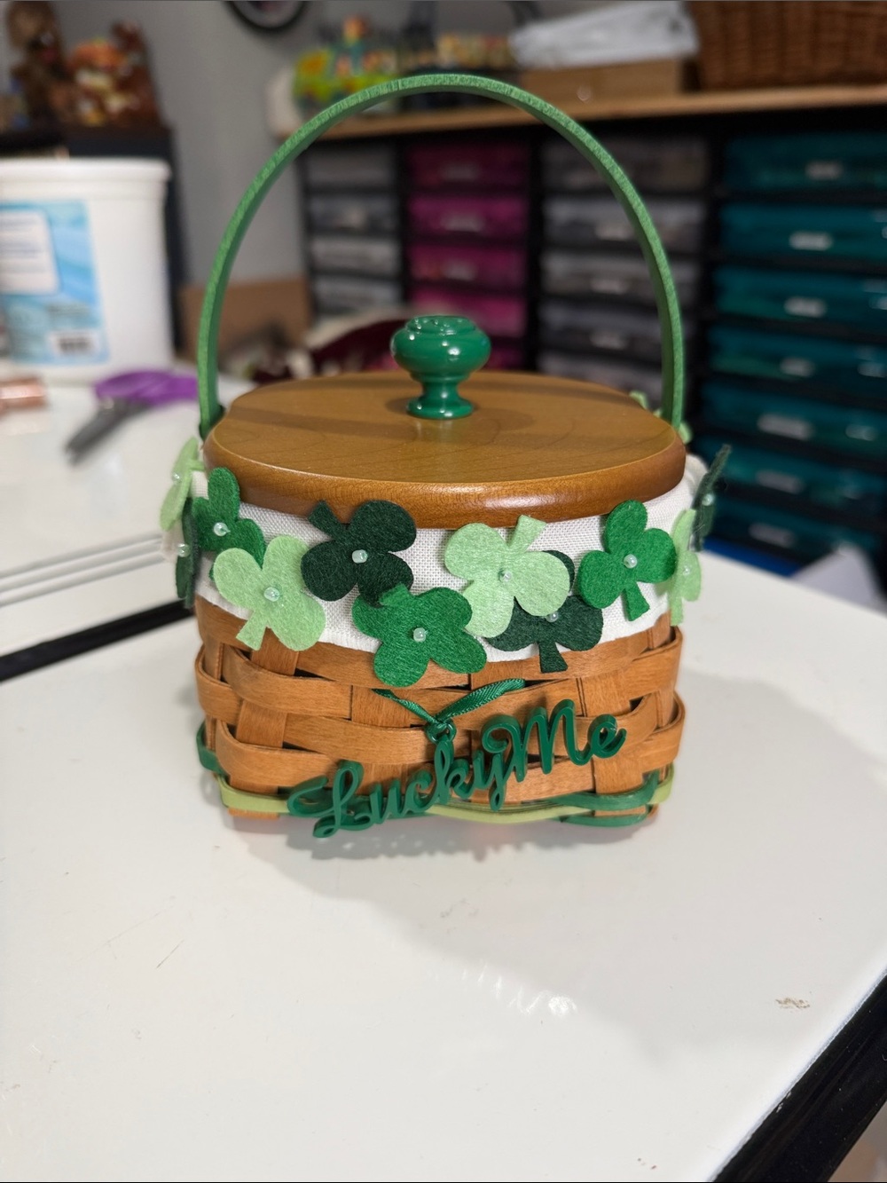 Longaberger 2012 Lucky Me Basket with Liner, Protector, Tie-in and Wooden Lid